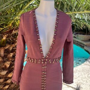 Deep V-Neck Bandage Dress with Studded Trim